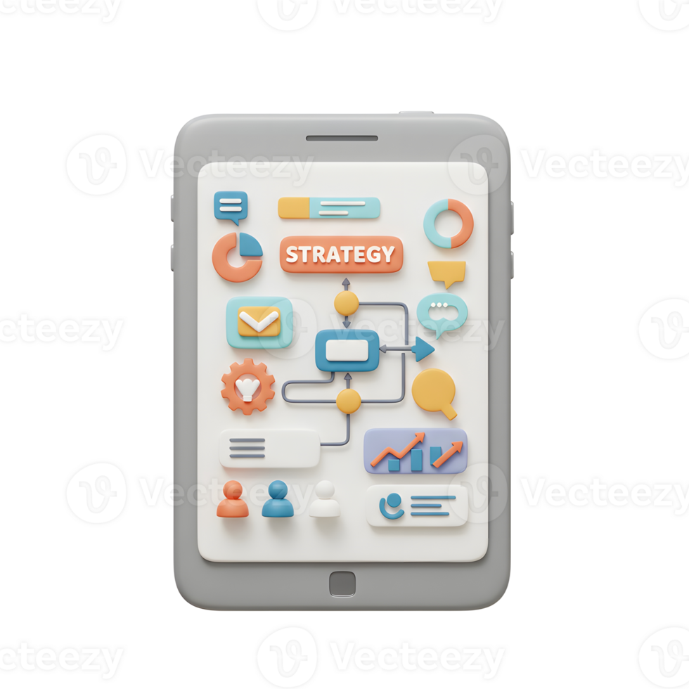 Tablet displays a flowchart with business strategy, including charts, graphs, and people, making it useful for corporate presentations. png