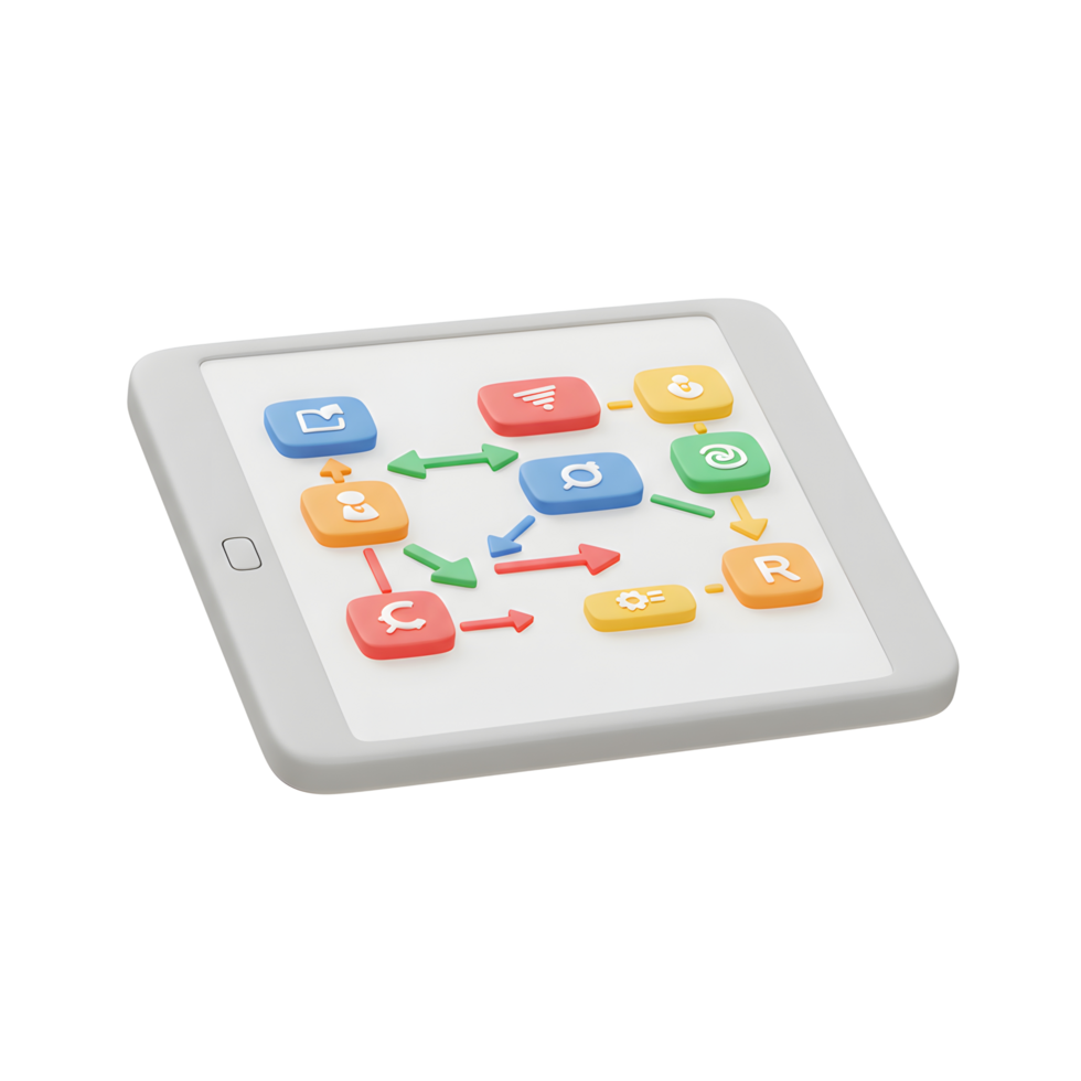 A tablet displays a colorful diagram with various shapes and arrows, representing a process or workflow for visual representation. png