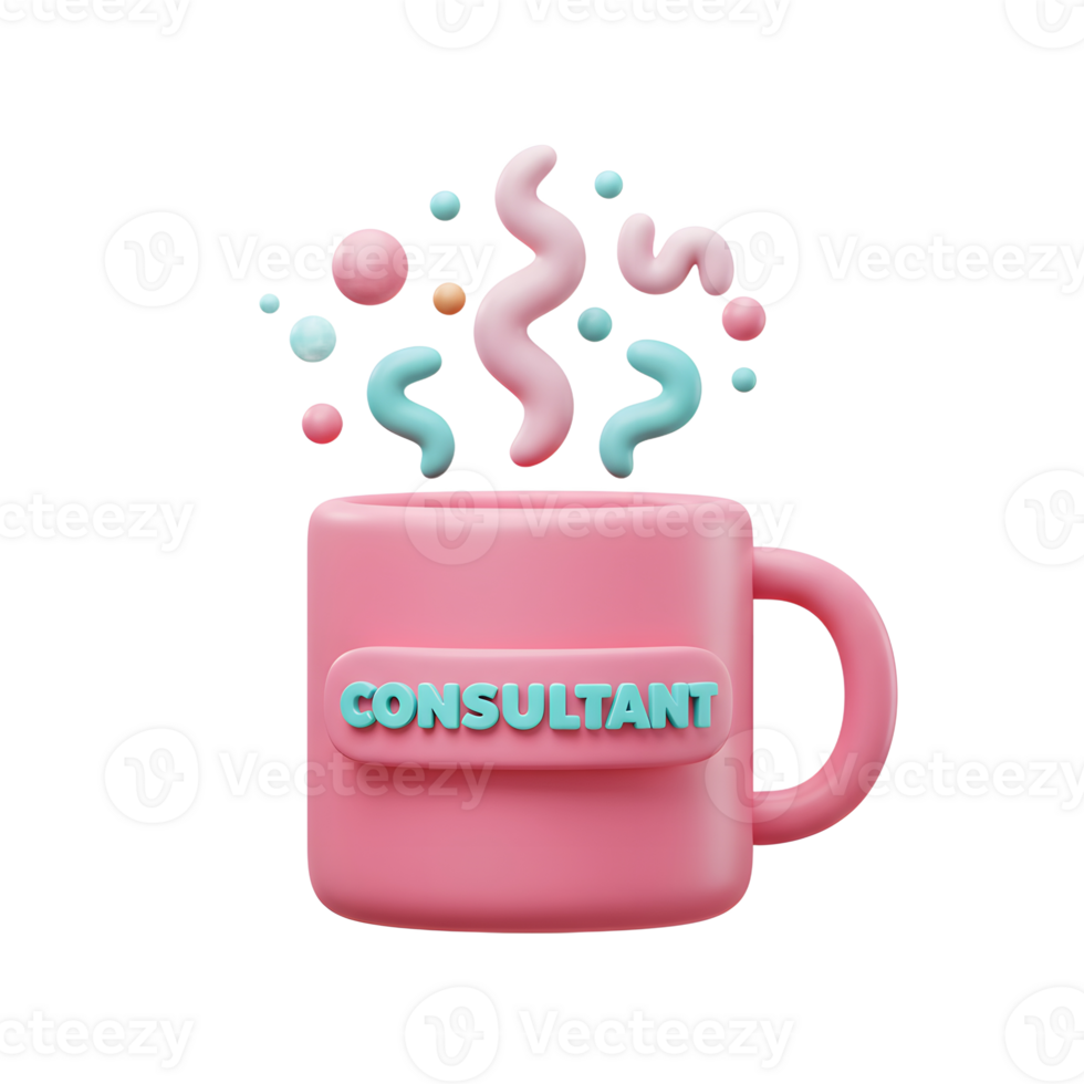 A pink mug labeled 'Consultant' has stylized swirls and spheres floating above it, suggesting creative brainstorming or consultation sessions. png