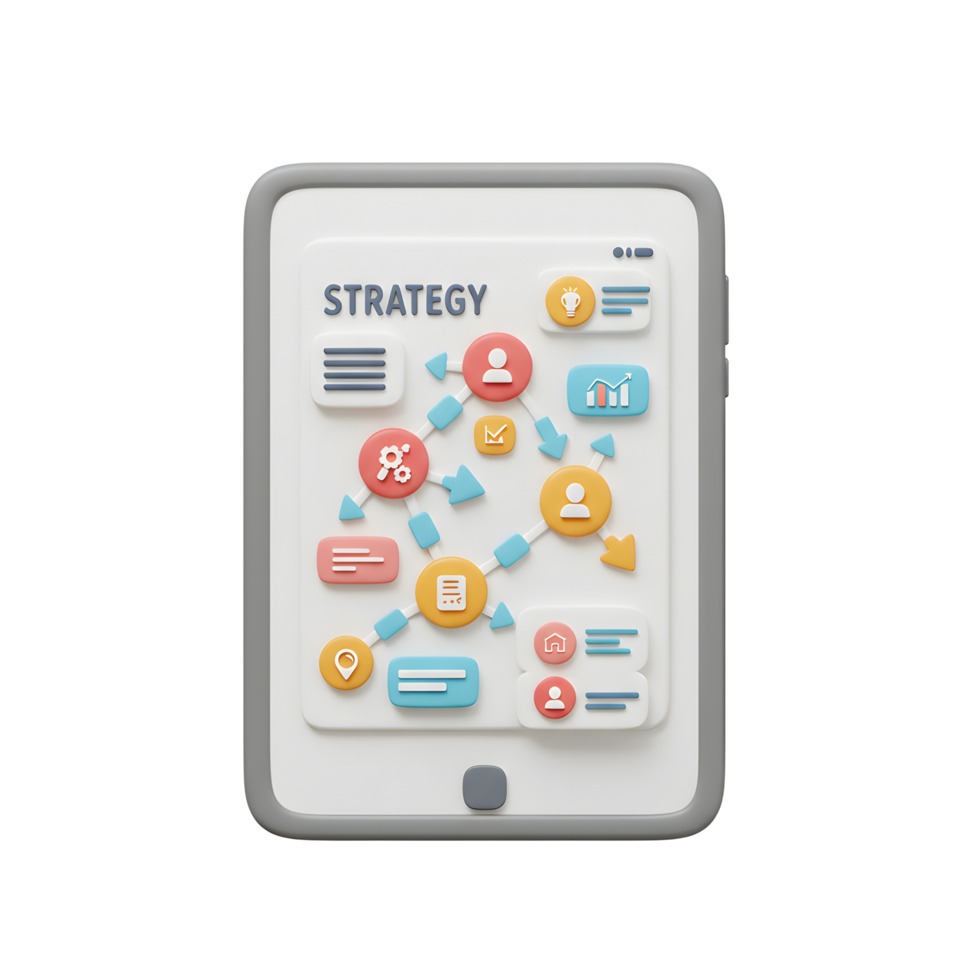 A tablet displays a colorful strategy flow chart, showing connections and progress toward goals for business planning. png