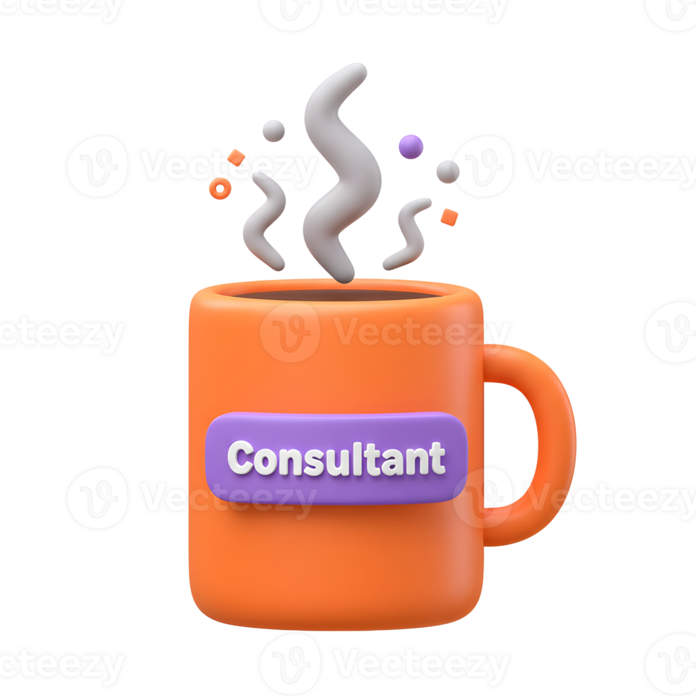 An orange coffee mug with a purple label that says Consultant has white steam rising from it, representing professional discussion. png