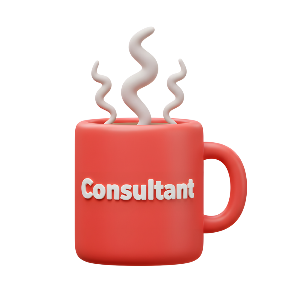 A red mug with the word Consultant has white steam rising from the hot drink inside, indicating its potential use to promote consulting services. png