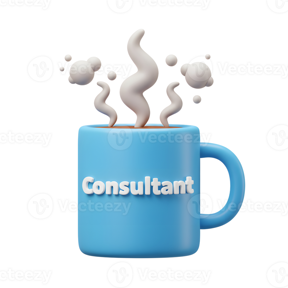 A blue coffee cup with the word Consultant and steaming coffee inside is depicted in a 3D render for illustrating consulting services. png