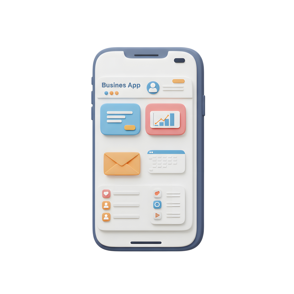 A 3D render of a business application running on a phone showing interface elements like inbox chart and user profile, suitable for representing mobile app development and business solutions. png