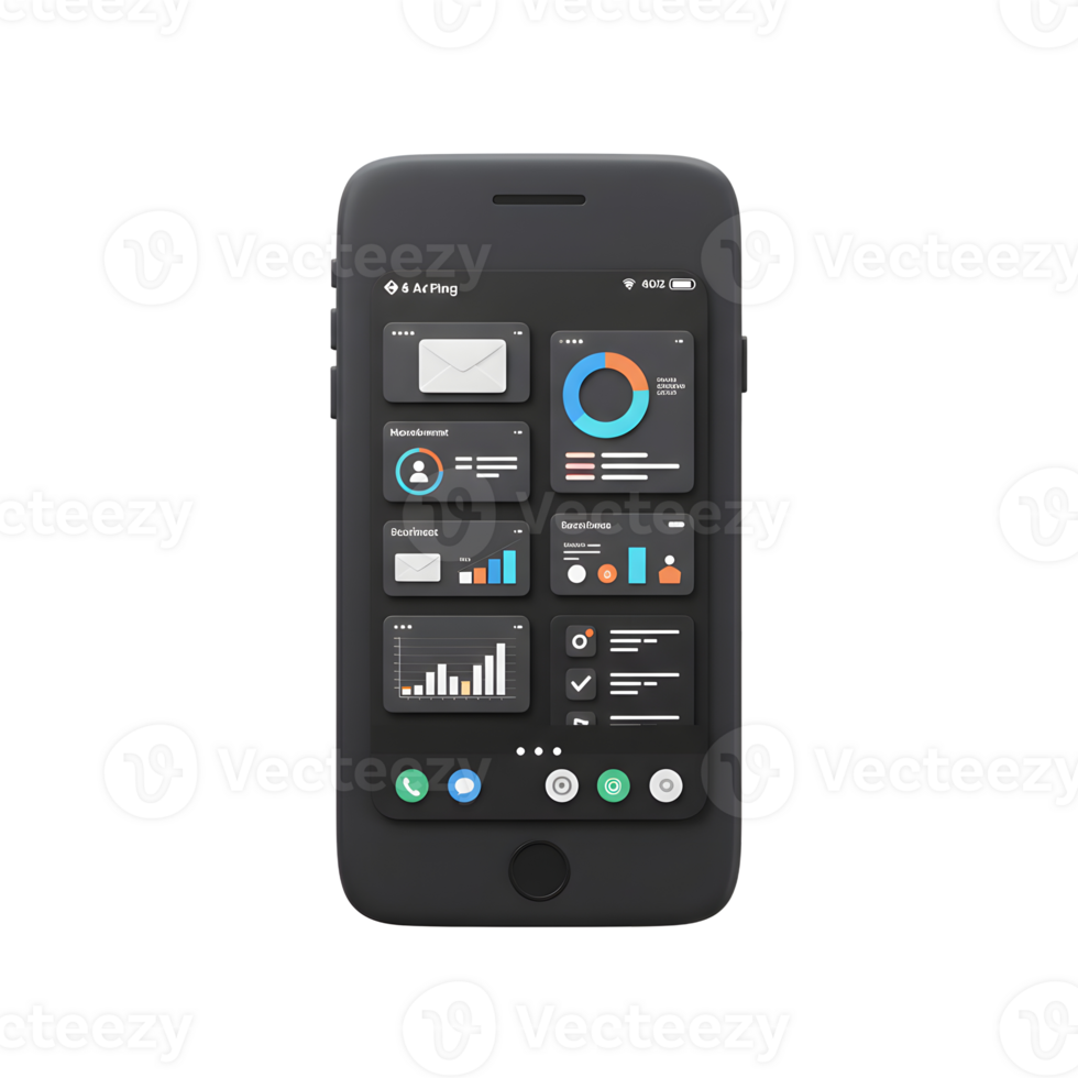 The app dashboard interface on a black mobile phone displays various data visualizations and controls, ideal for managing tasks or tracking information. png
