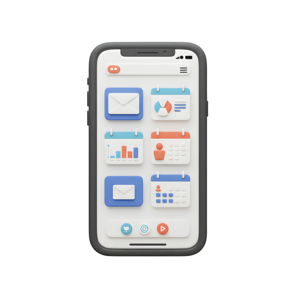 This smartphone interface features a collection of calendar, mail and chart icons arranged neatly on the screen which is great for application development. png