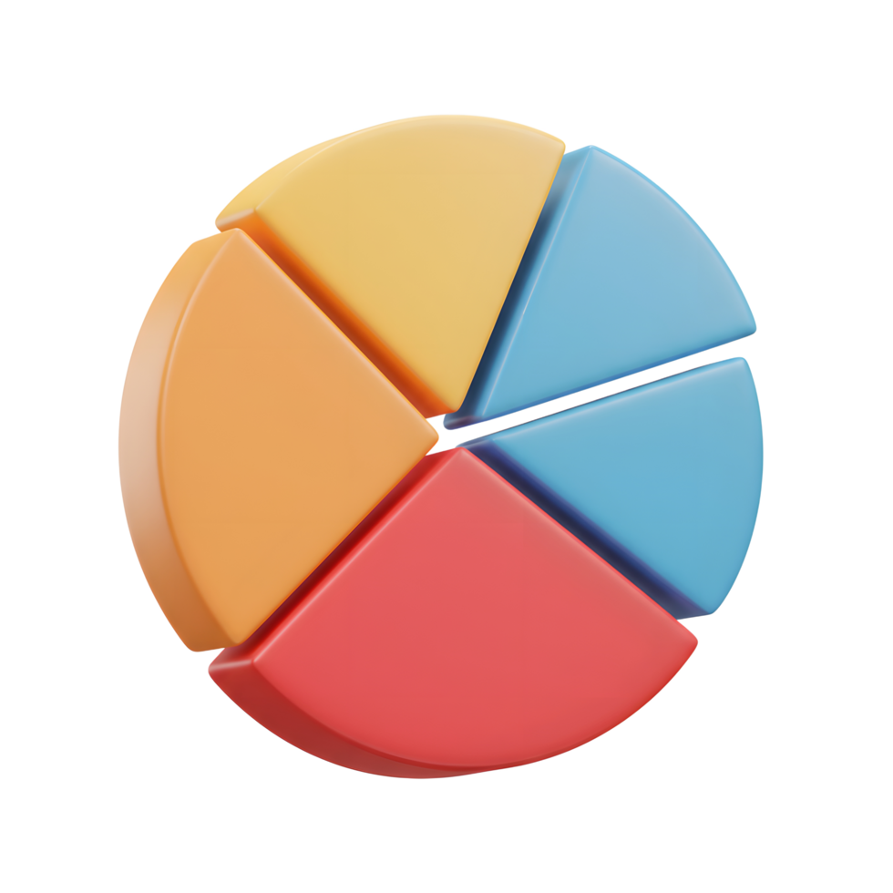 A colorful 3D pie chart illustrates data segments in orange, yellow, blue, and red, suitable for presentations and reports. png