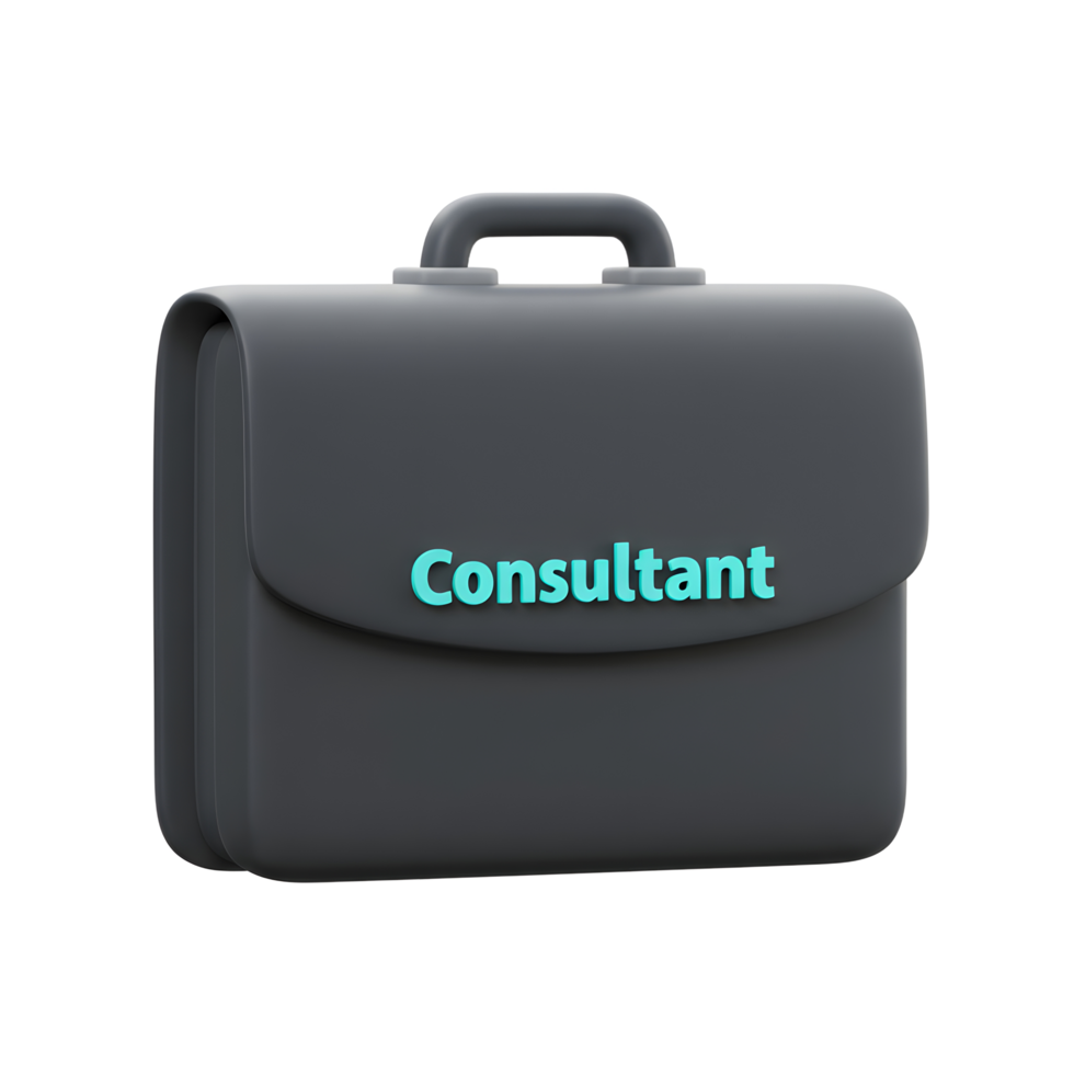 A dark gray briefcase displays the word 'Consultant' in cyan letters, representing the professional services offered by a consultant. png