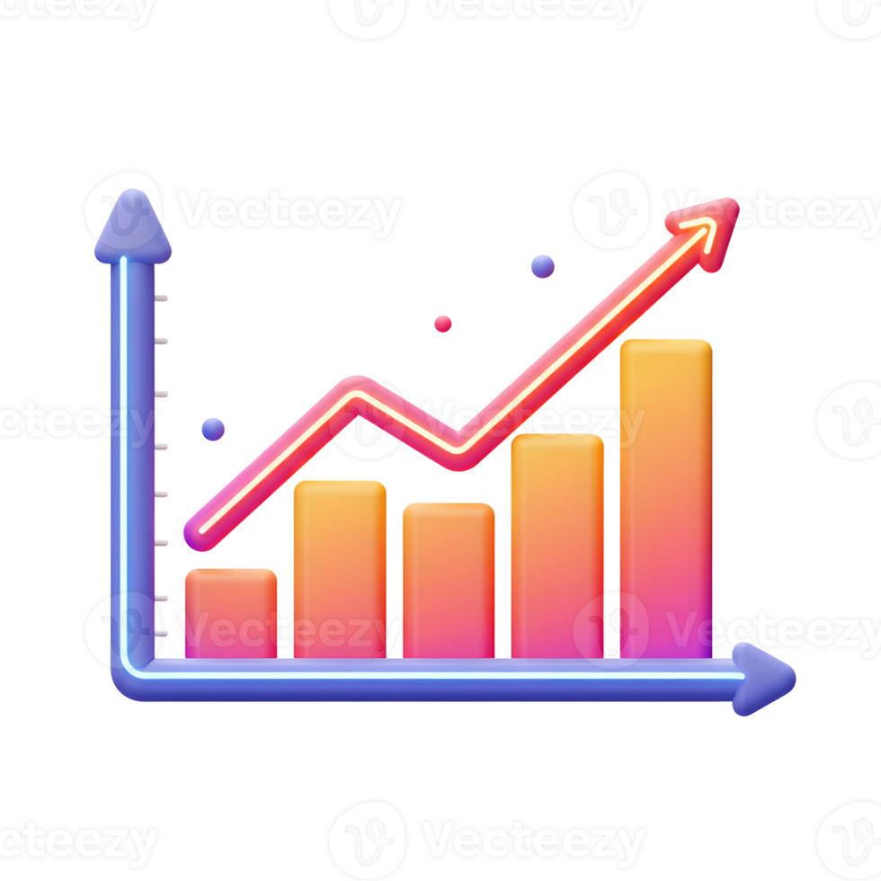 Colorful 3D graph with arrow and bars shows upward trend and can be used for data visualization. png