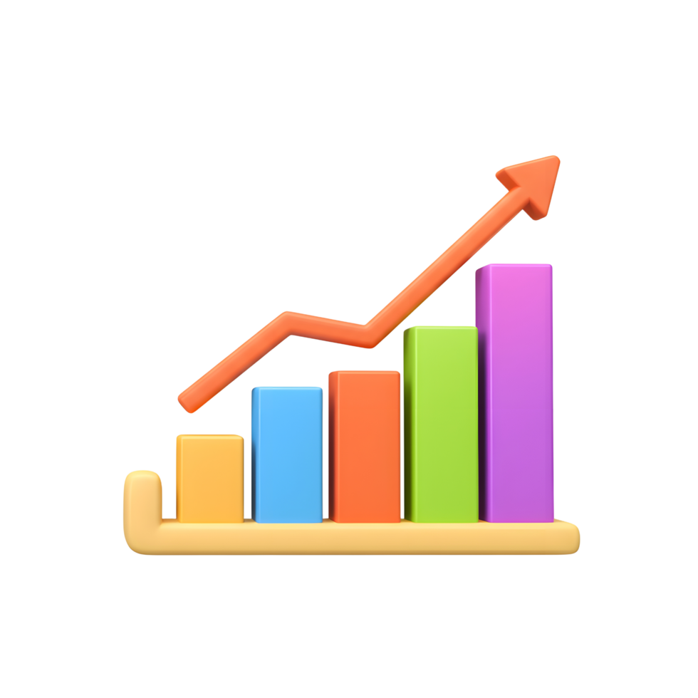 A colorful bar chart shows an upward trend with an arrow indicating growth and progress, useful for illustrating financial data or business performance. png