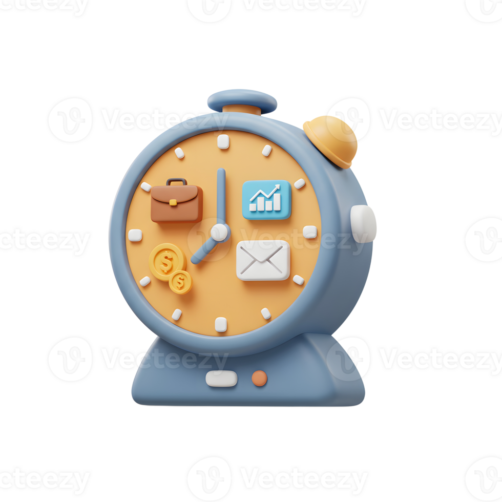 Stylized blue alarm clock displays icons related to business such as briefcase, graph, money, and email for time management purposes. png