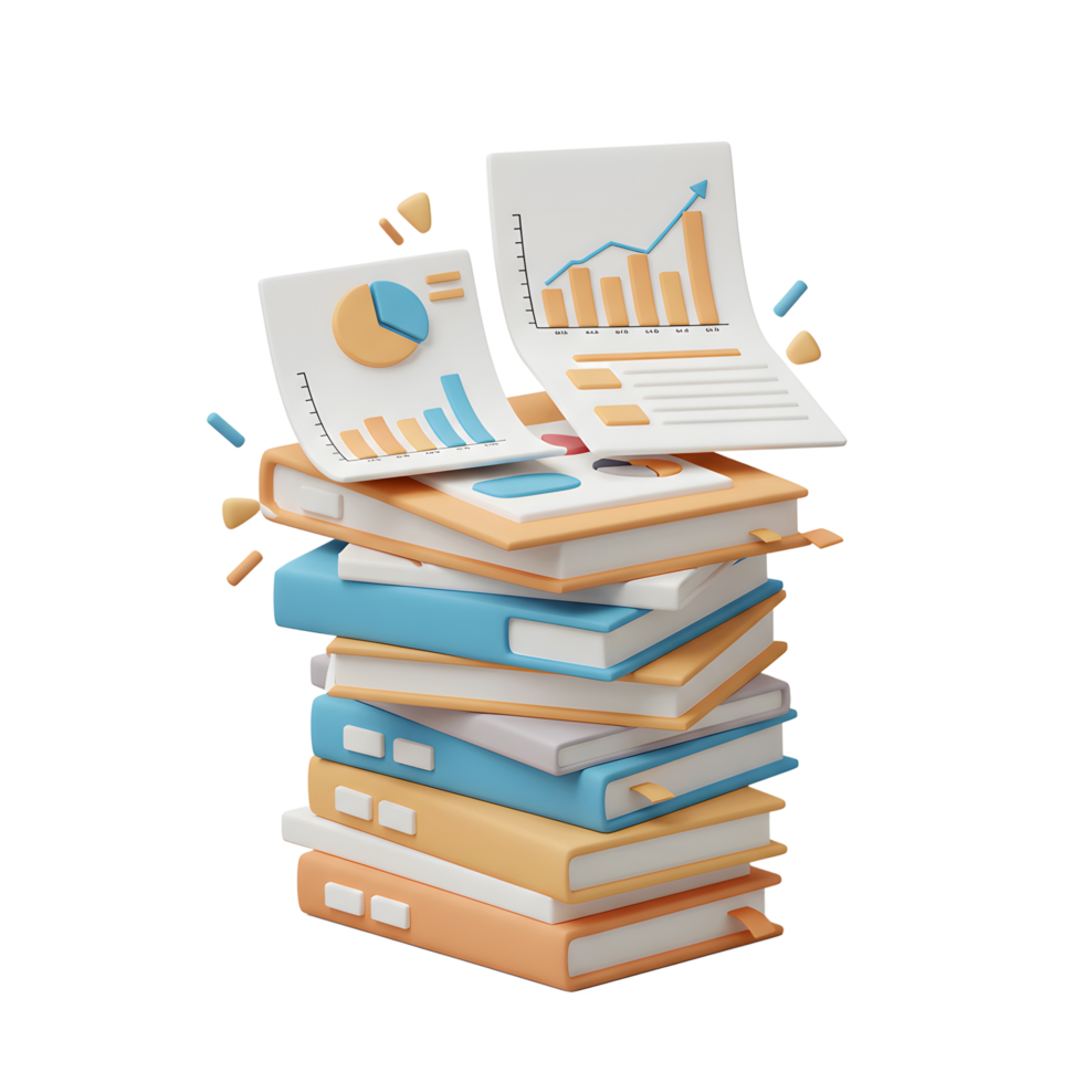 A stack of books topped with graphical charts and diagrams visually represents data analysis and reporting for educational or business purposes. png