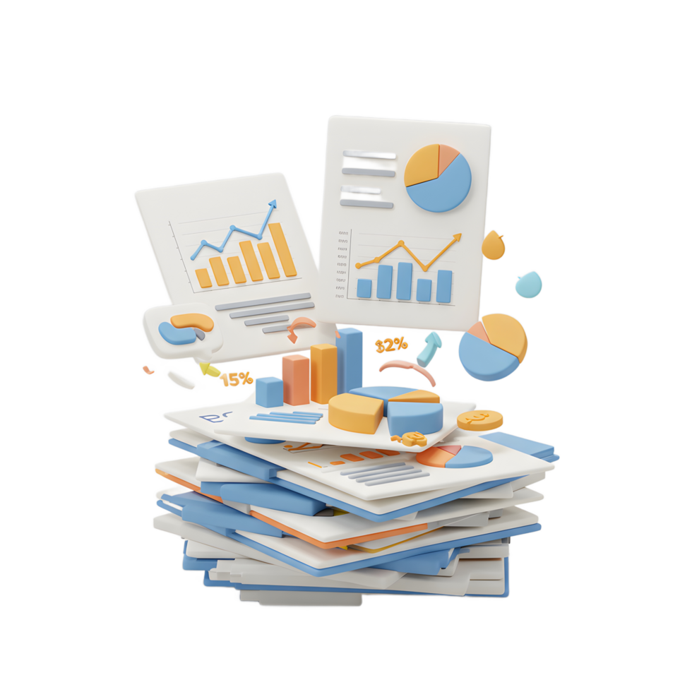 A stack of reports and charts with graphs and data representations are depicted in a playful, colorful style for data analysis and presentation. png