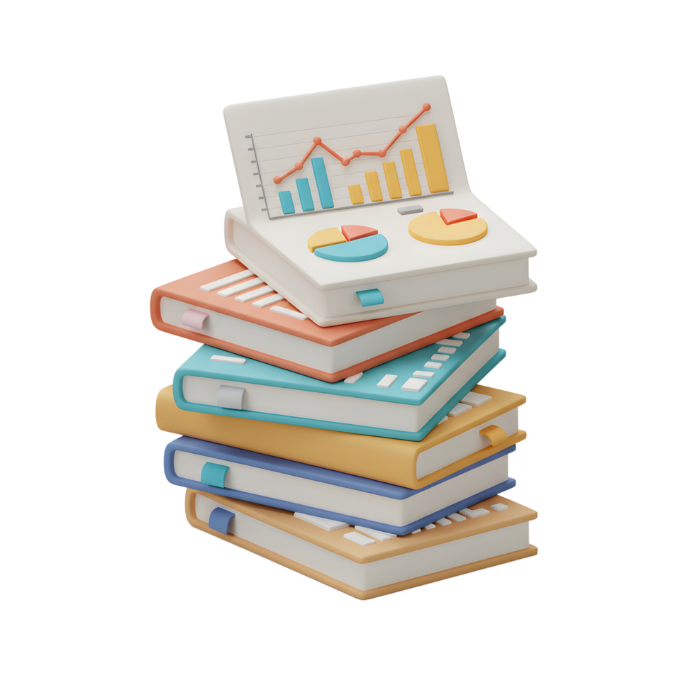 A stack of colorful books are topped with a chart and graph notebook, symbolizing data analysis and knowledge sharing for studying and research. png