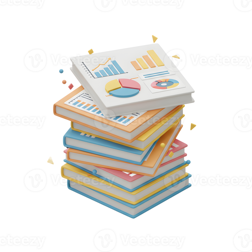 A stack of colorful books features financial graph and chart diagrams, representing data analysis and information research for business reports or educational purposes. png