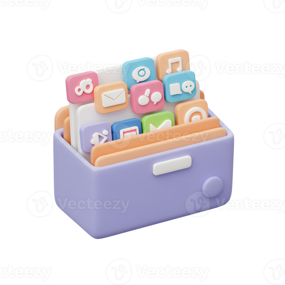 Illustration of social media and app icons stored in an organizer box, useful for visualizing digital organization and contact management. png