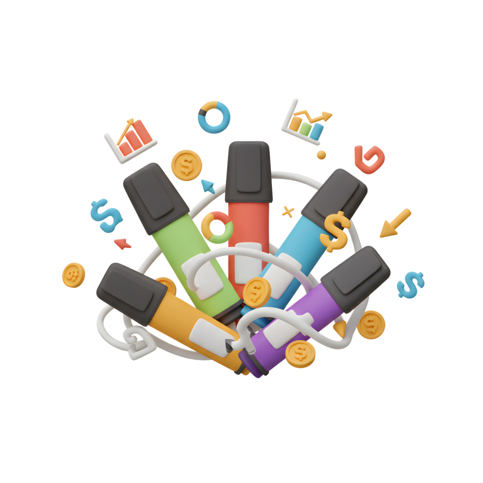 A group of colorful highlighters are surrounded by business and financial graphics to represent the importance of marketing and finance. png
