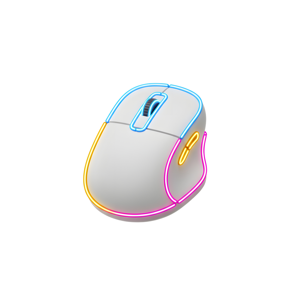 A white computer mouse is outlined with blue, yellow, and pink neon lights, commonly used for gaming and general computer navigation. png