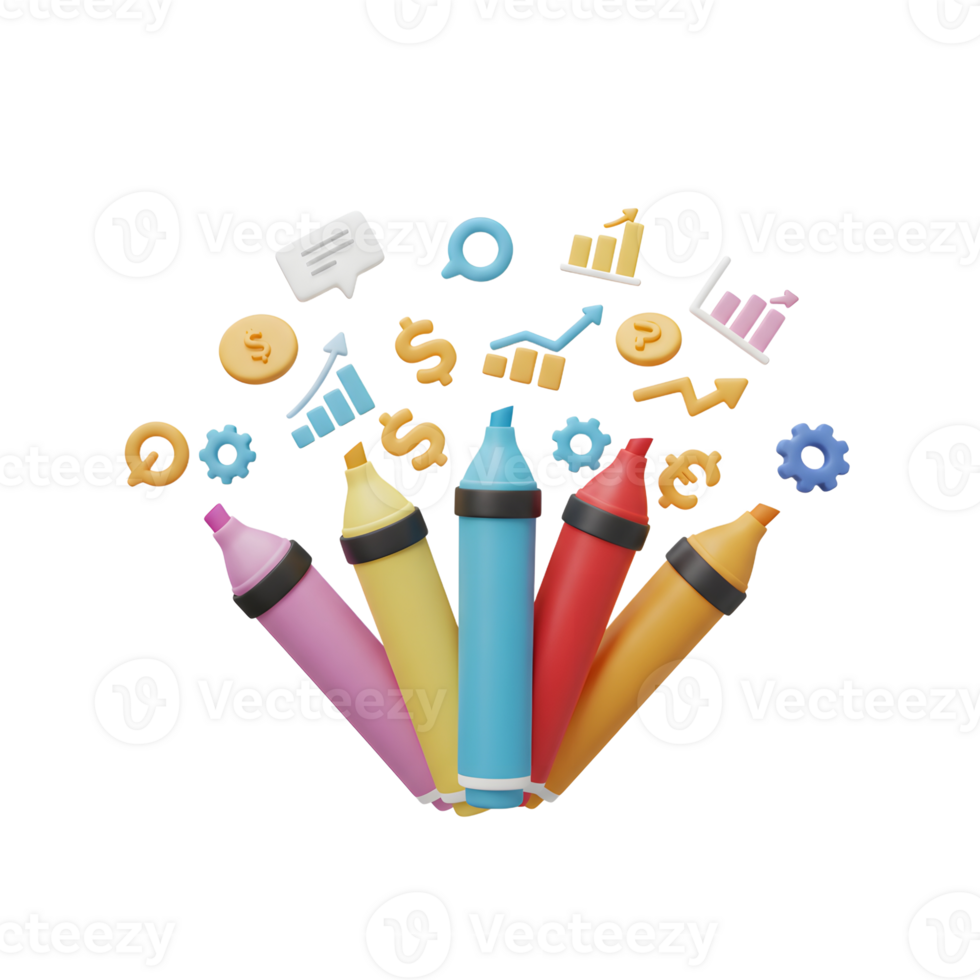 Colorful markers are displayed with financial graphs, coins, and gears representing growth and brainstorming for business use. png