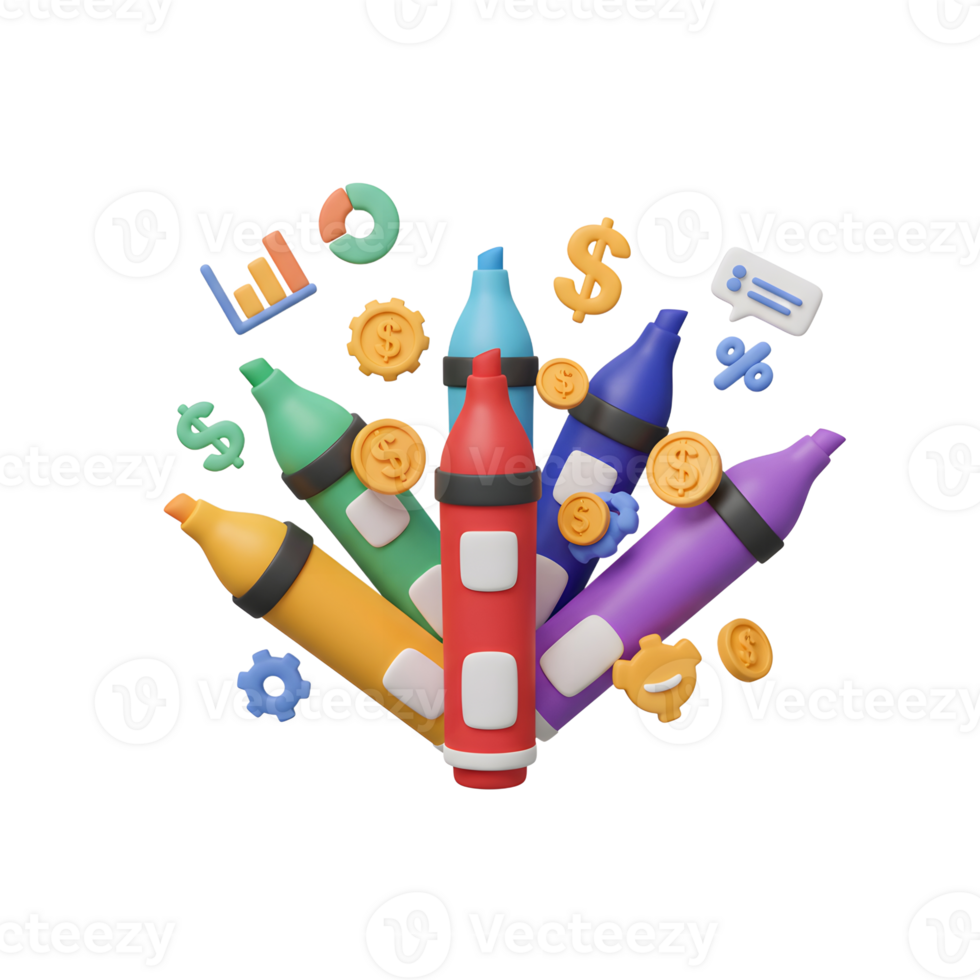 Colorful markers are surrounded by symbols of money, graphs and communication in a 3D render, suggesting financial and strategic planning. png