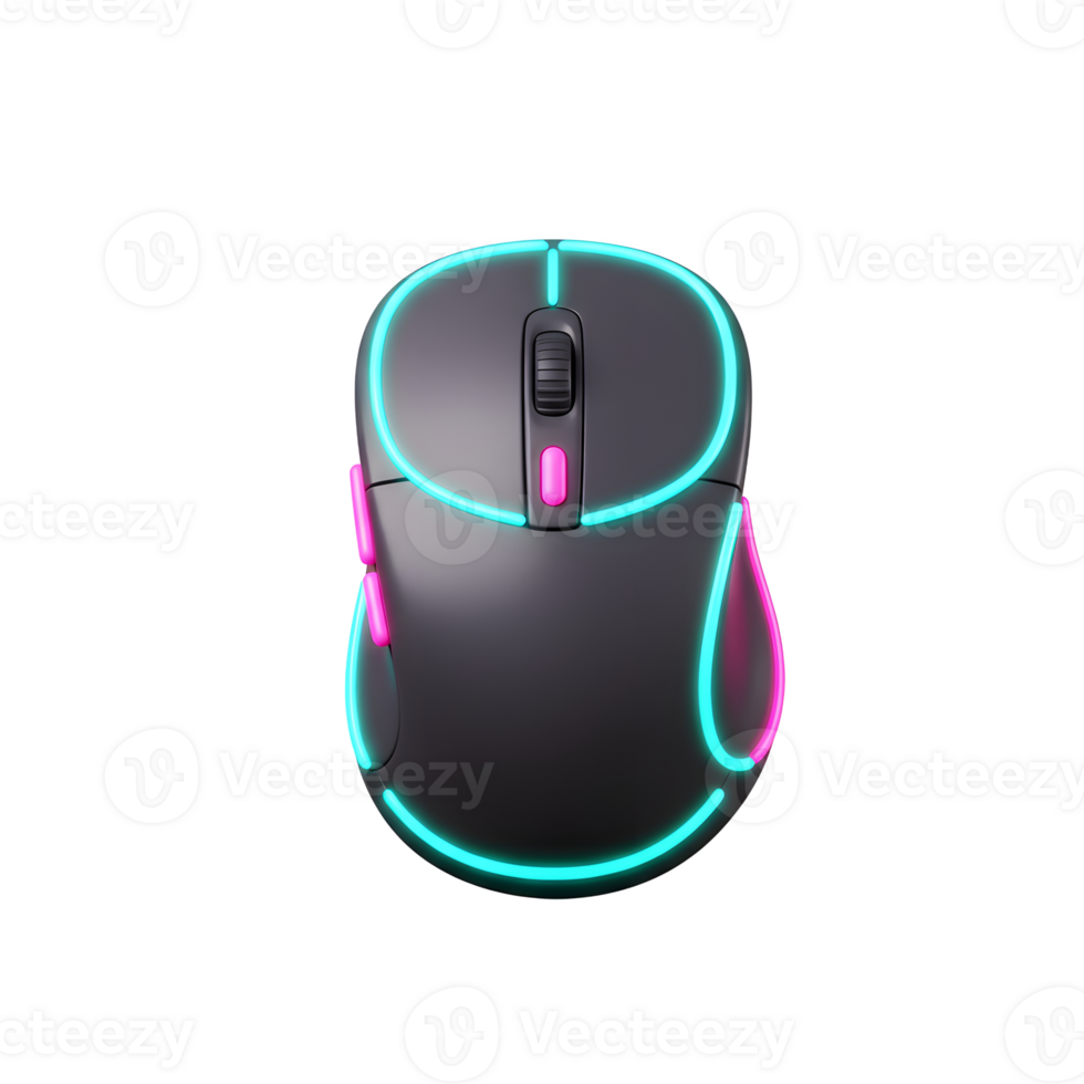 A gray wireless computer mouse featuring neon blue and pink illumination is displayed on a white background for gaming. png