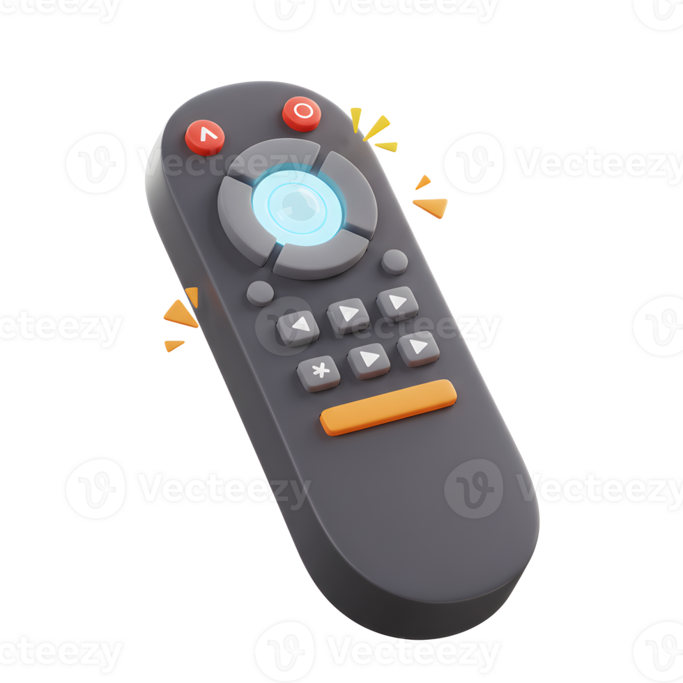 A gray remote control with glowing blue center and orange buttons is shown in a 3D render, useful for controlling media devices. png