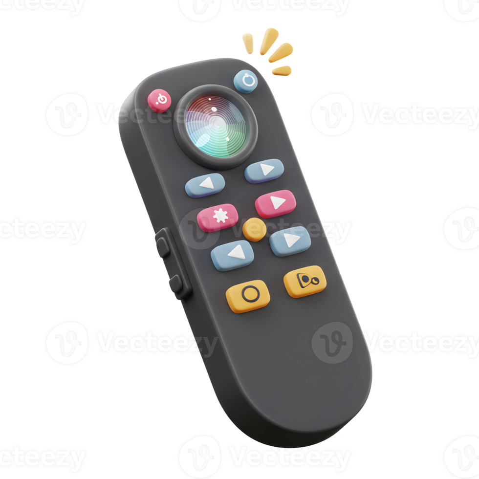 This is a 3D rendering of a television remote control featuring multiple colorful buttons for easy channel surfing and media playback. png