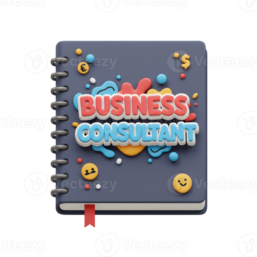 A business consultant notebook is illustrated with colorful shapes and positive symbols to visually communicate business advice. png