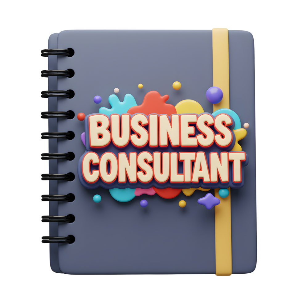 A grey notebook with the words 'Business Consultant' surrounded by colorful shapes offers a creative and organized look for business planning and management. png
