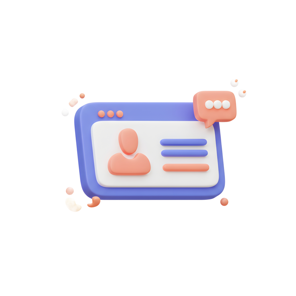 3D rendering illustrates a profile page with a user avatar, information lines, and a chat bubble, suitable for showcasing user interaction or personal account settings. png
