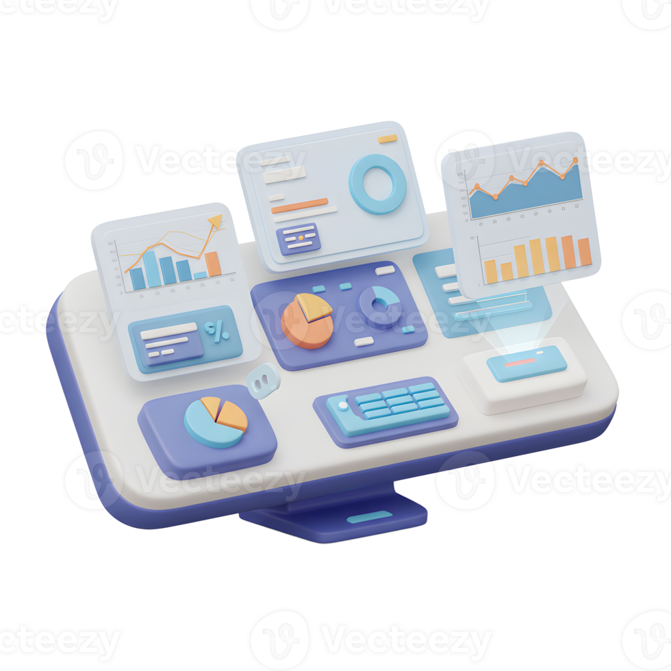 A stylized computer screen displays various data visualizations, including charts and graphs, perfect for illustrating data analysis and presentation. png