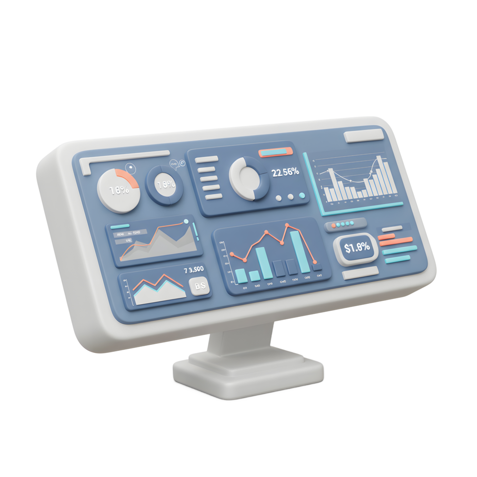 A data dashboard is displaying various charts, graphs, and percentages, useful for data analysis and presentation. png