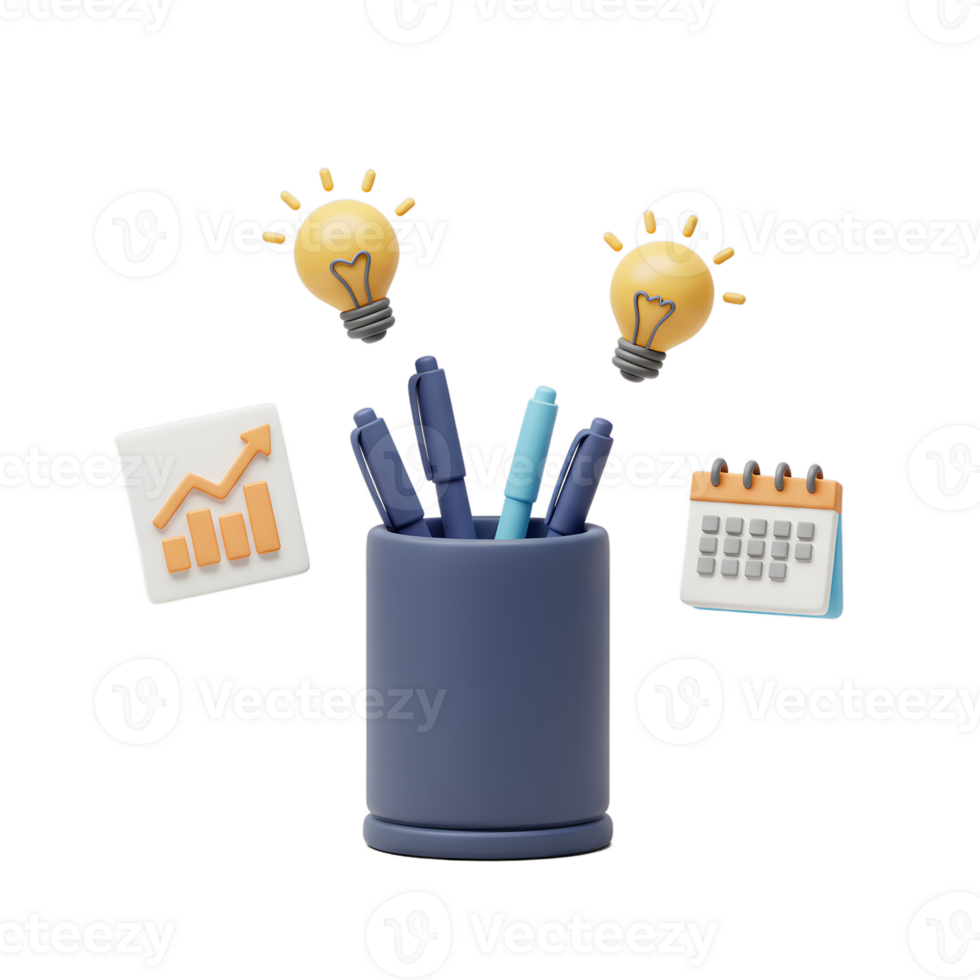 A pen holder with pens, light bulbs, a chart, and a calendar depict an idea for a business concept, representing planning and development. png