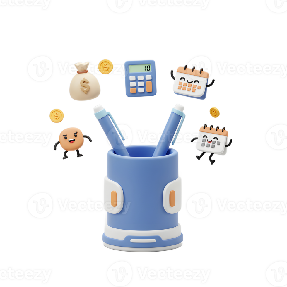 A cartoon style illustration with a pen holder, money bag, calculator, and calendars represents financial planning and scheduling. png