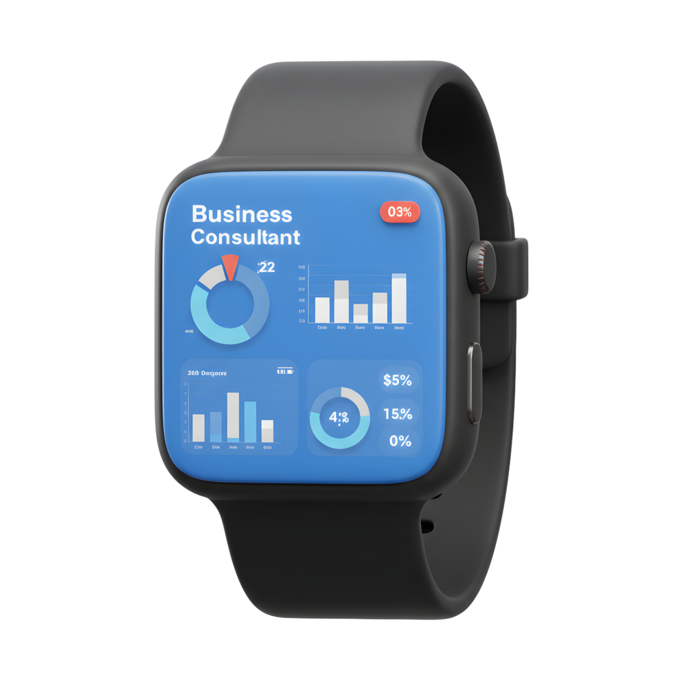 A smartwatch displays charts and financial data, providing real time insights for business monitoring. png