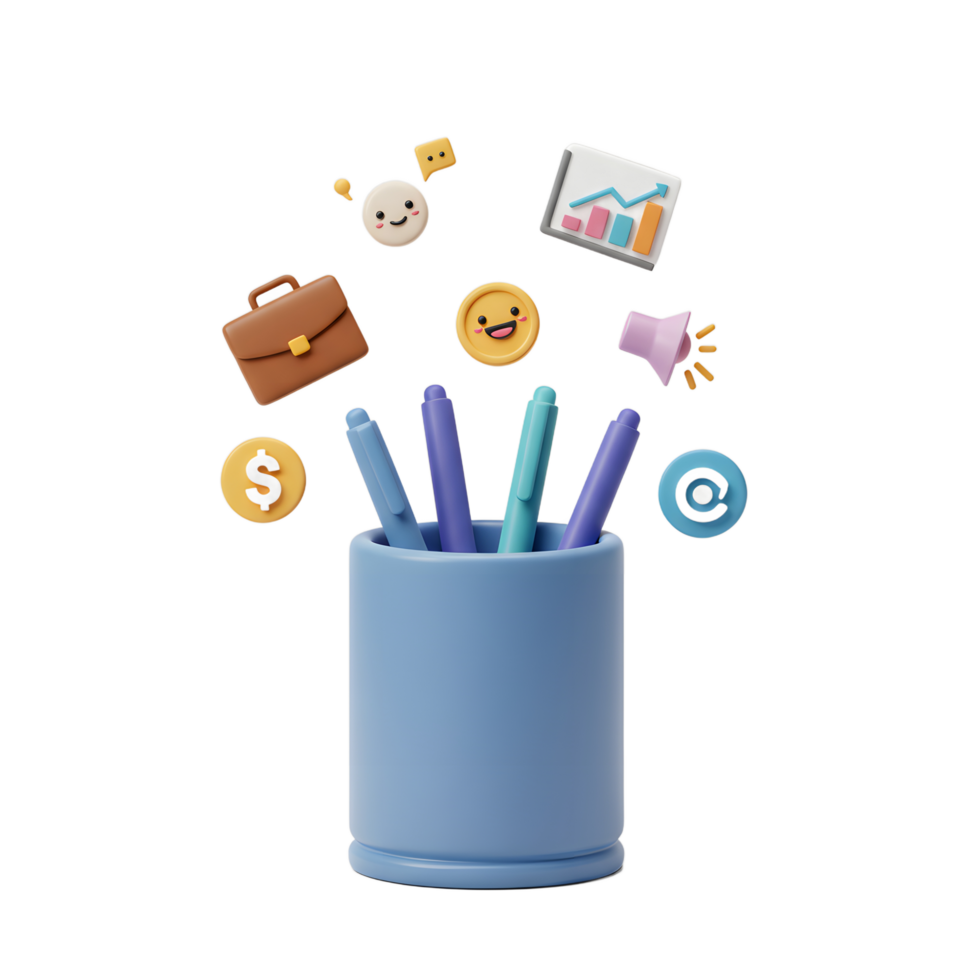 A blue pen holder contains pens surrounded by floating business related icons, indicating their potential use in business related designs. png