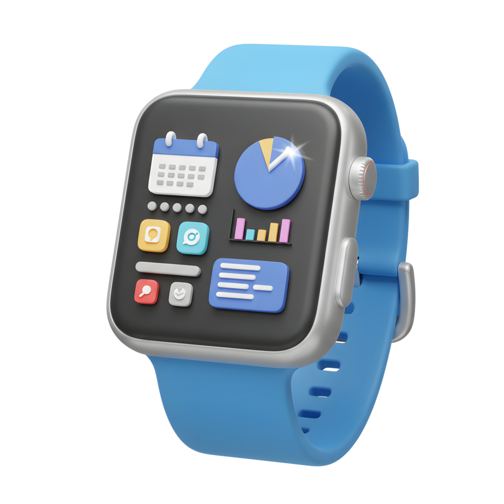 Close up of a blue smartwatch displaying different app icons on the screen, shown for tracking information. png