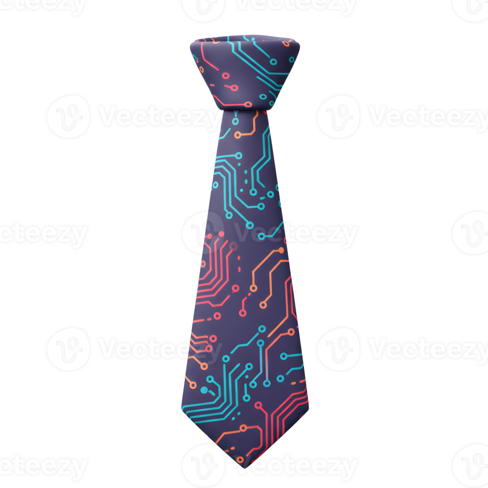 A purple tie with a circuit board pattern in orange and blue is on a white background, it can be worn to show love for tech. png