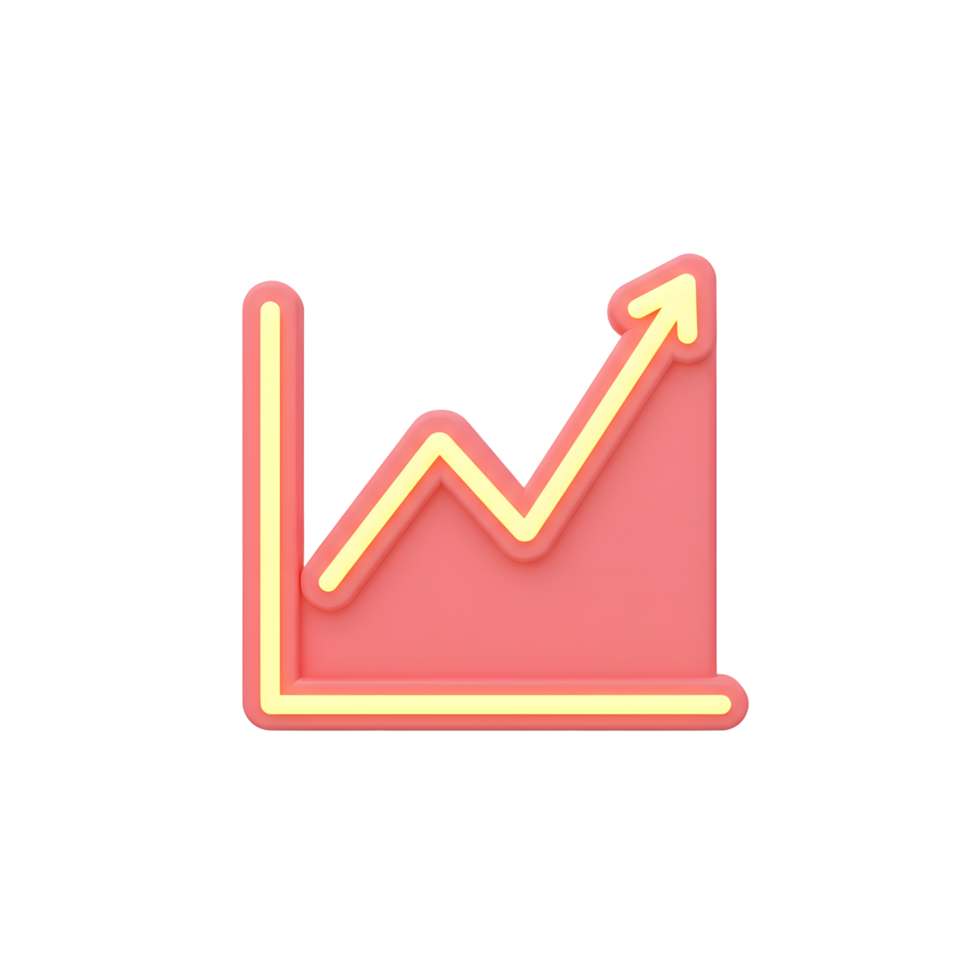 A pink 3D chart with a yellow line shows an upward trend, indicating progress or success, often used in presentations and reports. png