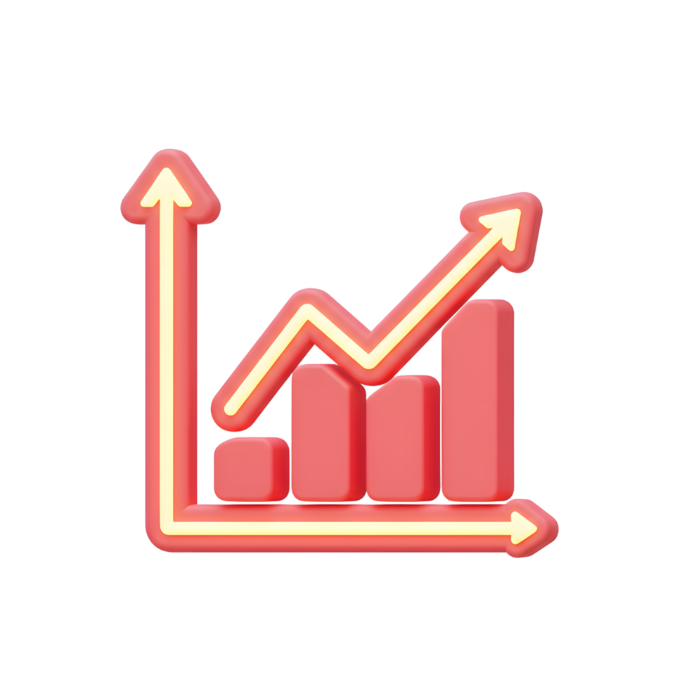 An upward trending 3D graph with red bars and arrows shows increase and growth, suitable for presentation. png