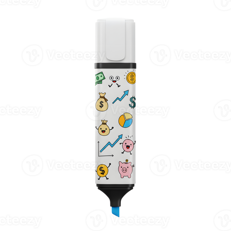 A white marker features financial doodles such as moneybags and pie charts, suitable for office or school writing. png