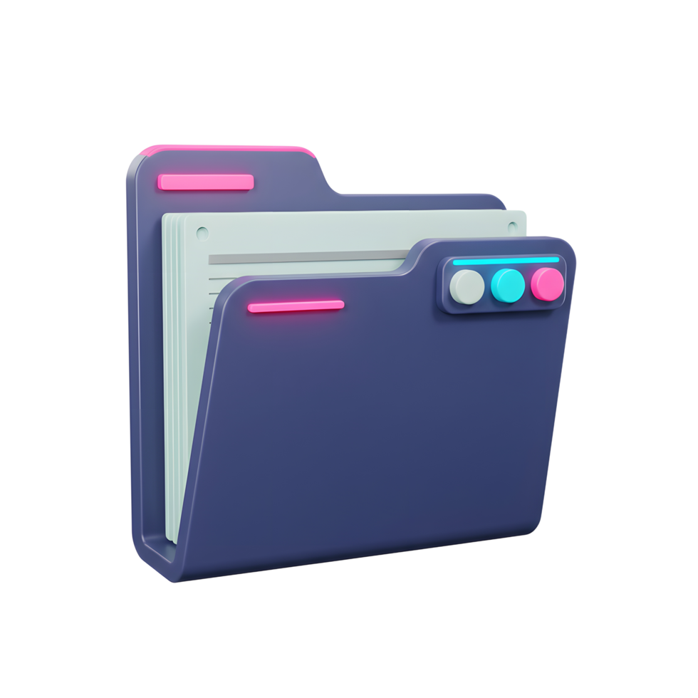 A blue folder holds several sheets of paper, highlighted with pink and blue accents, often used for organizing digital files. png