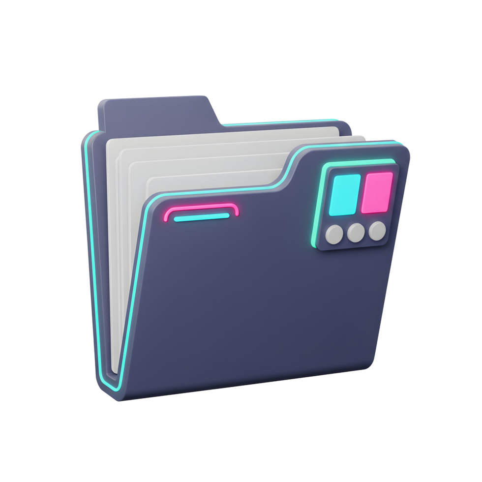 Dark blue computer folder with paper inside featuring neon lights makes a modern look, to keep all digital files organized. png