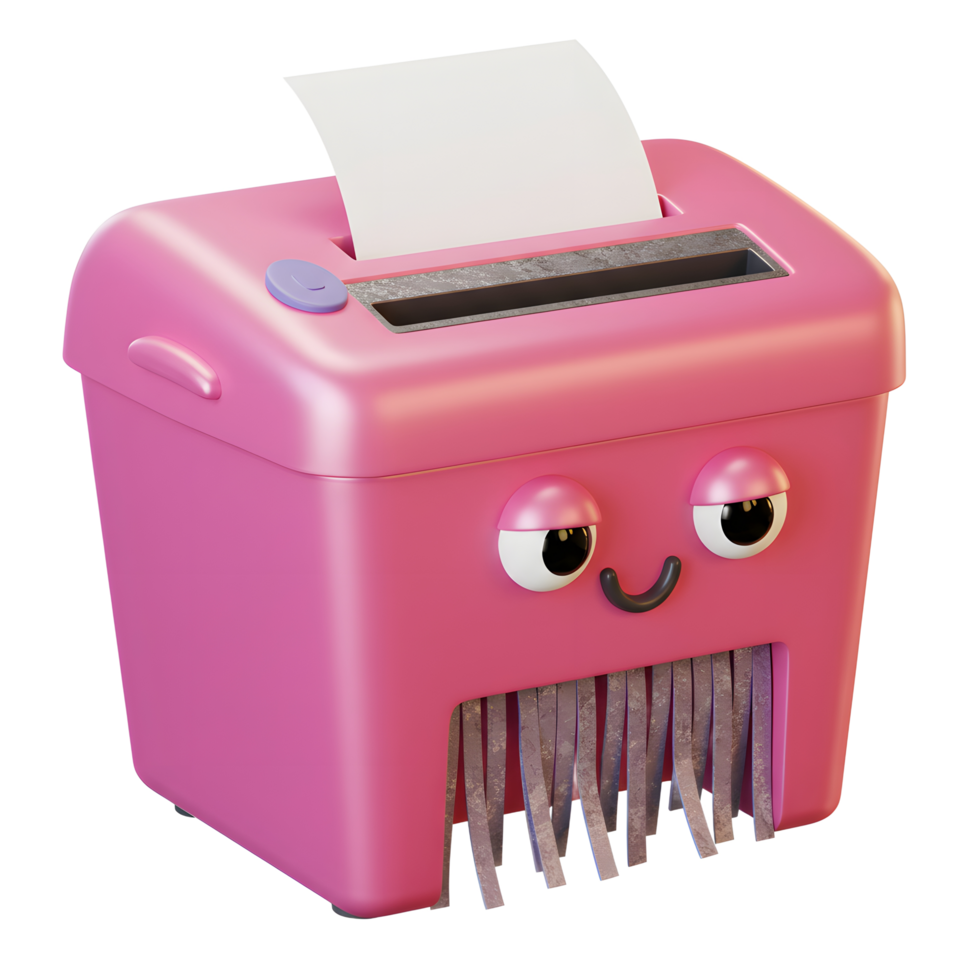 A pink paper shredder with a cute cartoon face and a sheet of paper being shredded offers a whimsical take on data security or office organization. png