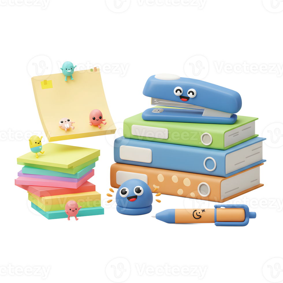 Adorable and colourful office stationery like files, stapler, note and pen are arranged together in the office, perfect for study or creative work. png