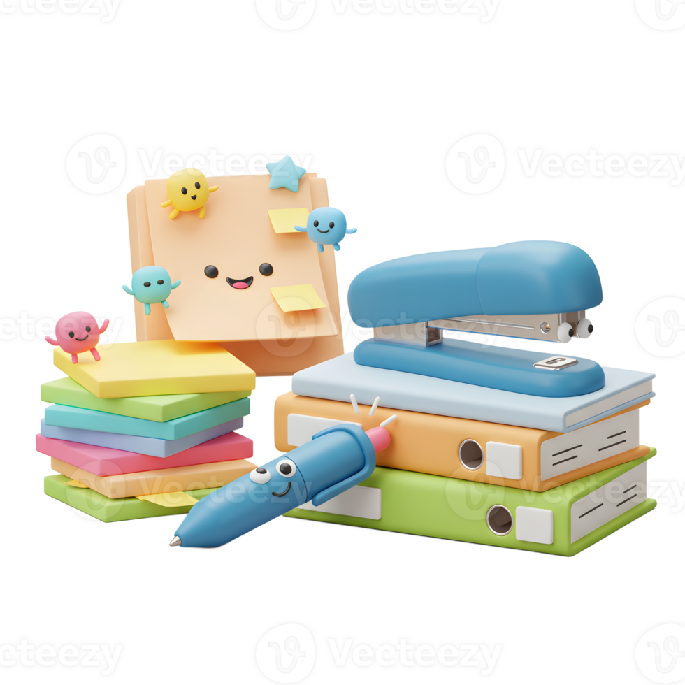 A cartoon depiction of office supplies including a stapler, pen, sticky notes, and folders creates a playful scene, perfect for illustrations or graphics. png