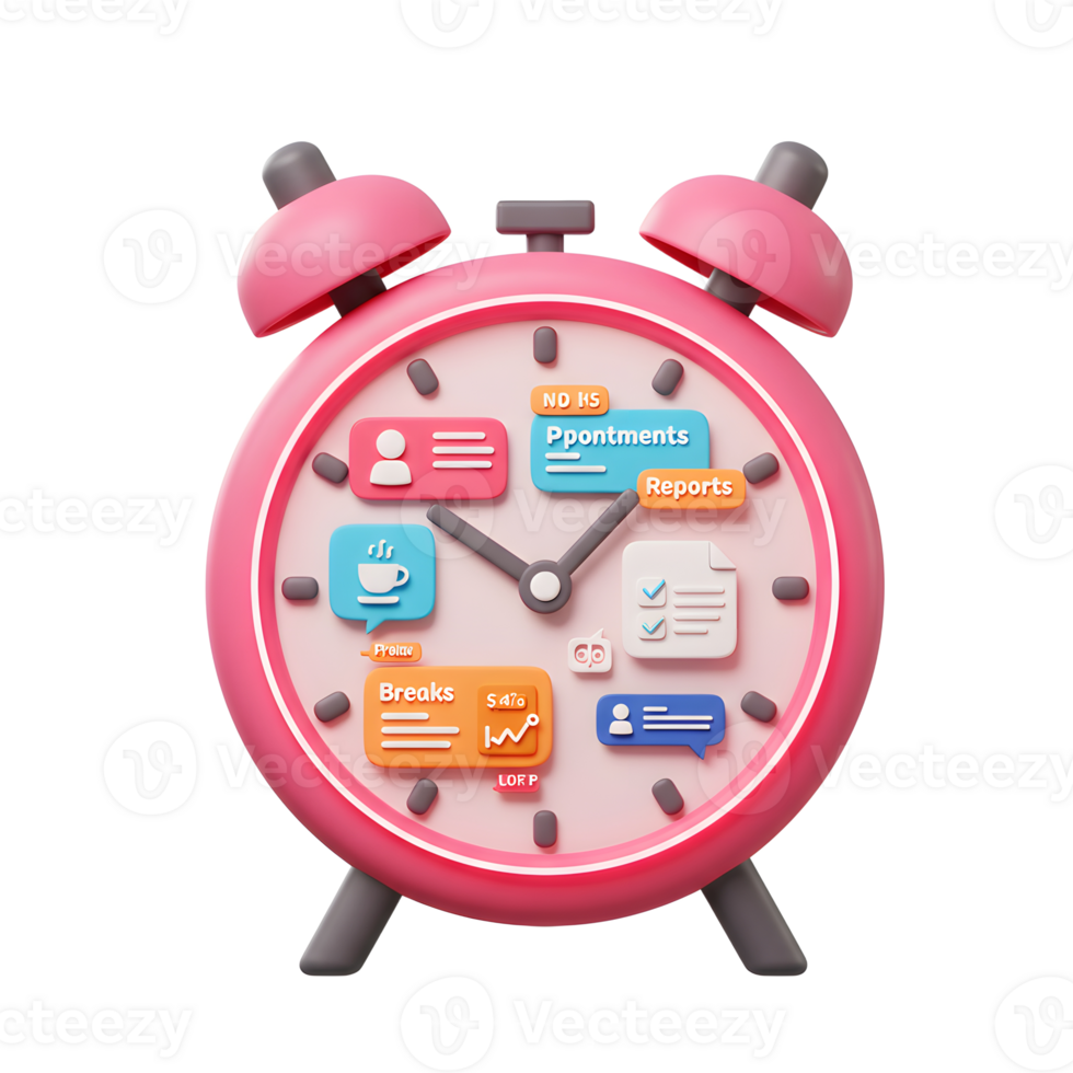 A pink alarm clock with icons representing appointments, reports, breaks, and other tasks to show time management for productivity. png