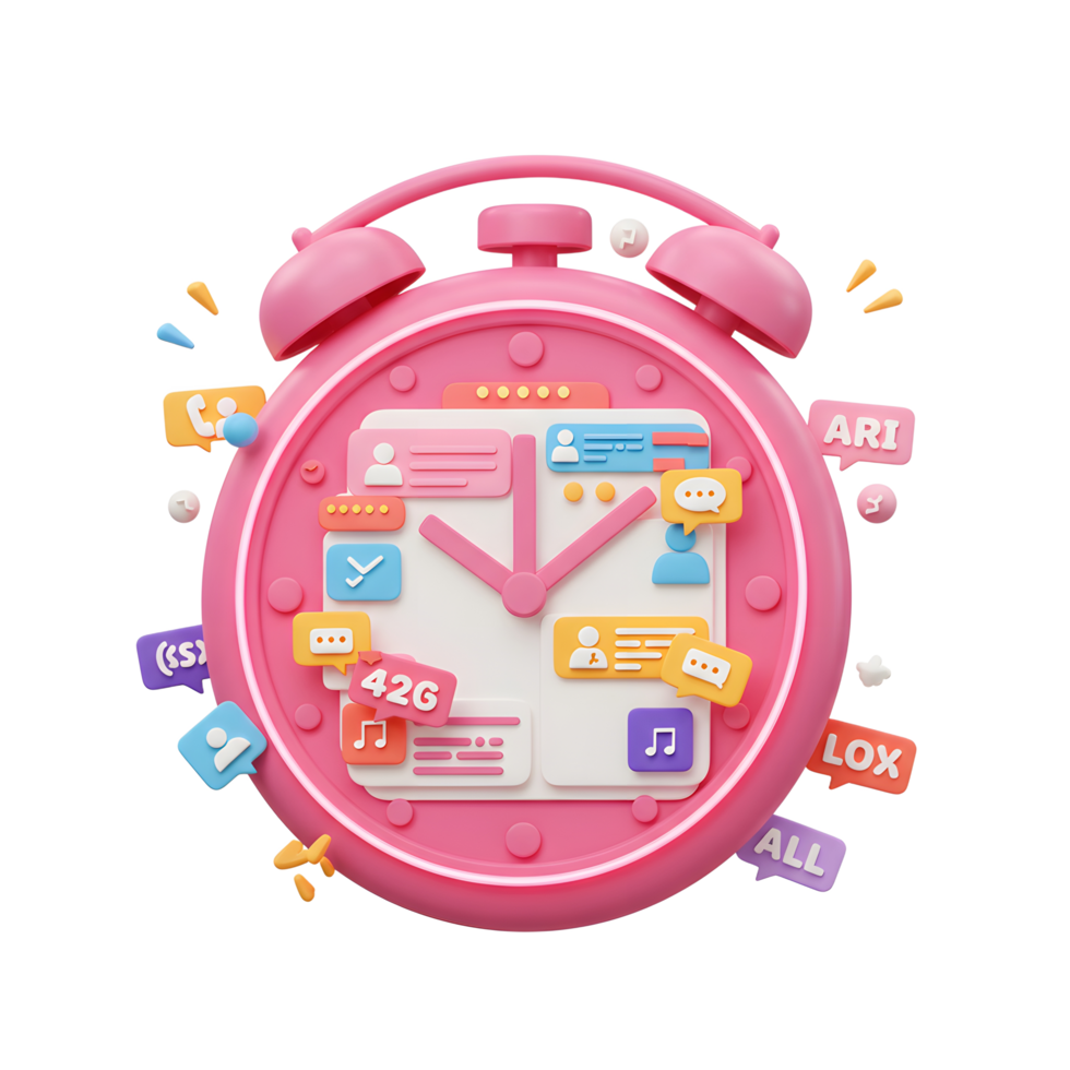 Pink alarm clock displaying notifications from social media apps represents the concept of digital communication and time management for social networking usage. png