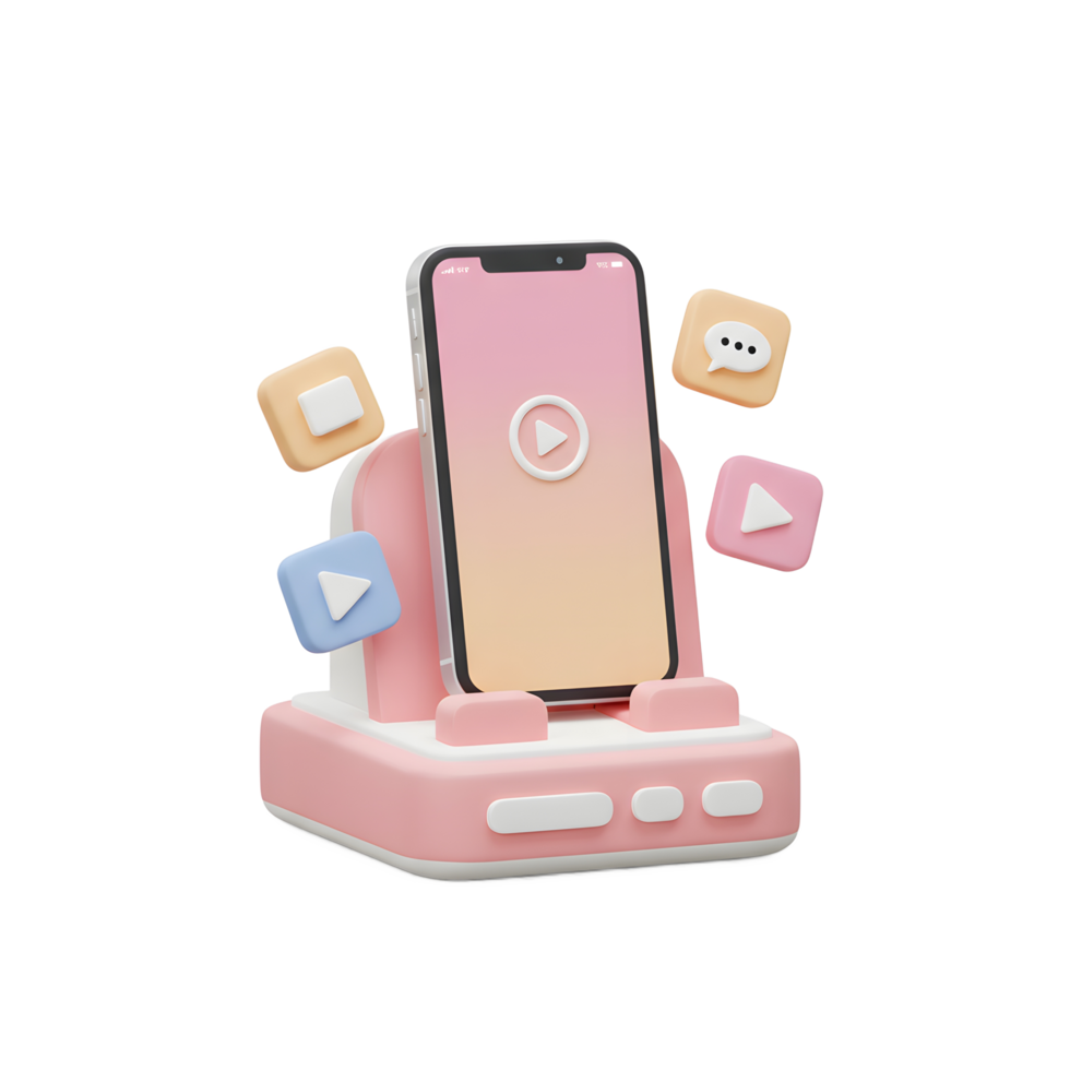Pink phone sits on a matching holder with play and chat icons floating around, suitable for social media promotion. png