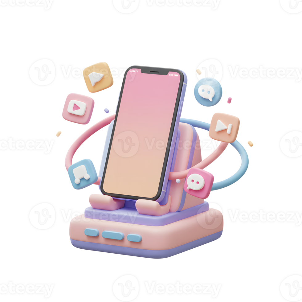 3D rendered smartphone sits on a colorful stand surrounded by app icons, perfect for illustrating technology or communication applications. png